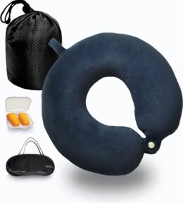 Memory Foam Reiskussen met Slaapmasker, Oordopjes en Zak - Neksteun Kussen - Lichtgewicht - Voor Camping, Auto en Vliegtuig - Grijs